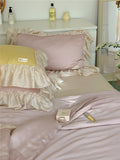 Xpoko French Aesthetic Silky Satin Ruffle Bedding Set