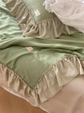 Xpoko French Aesthetic Silky Satin Ruffle Bedding Set