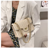 Xpoko Women's Bag Chain Straw Summer 2023 New Fashion Pearl Hand-Woven Straw Shoulder Bags Beach Small Square Female Crossbody Handbag