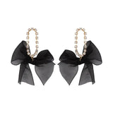 Xpoko Korean Dangle Drop Earrings Black Tulle Yarn Rhinestone Bow Knot Kawaii Fashion Jewelry for Women Fall Winter