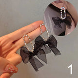 Xpoko Korean Dangle Drop Earrings Black Tulle Yarn Rhinestone Bow Knot Kawaii Fashion Jewelry for Women Fall Winter