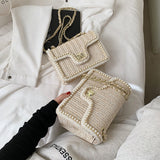 Xpoko Women's Bag Chain Straw Summer 2023 New Fashion Pearl Hand-Woven Straw Shoulder Bags Beach Small Square Female Crossbody Handbag