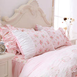Xpoko 100% Cotton Floral Printed Princess Bedding Set Twin King Queen Size Pink Girls Lace Ruffle Duvet Cover Bedspread Bed Skirt Set