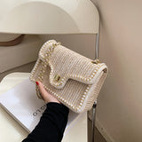 Xpoko Women's Bag Chain Straw Summer 2023 New Fashion Pearl Hand-Woven Straw Shoulder Bags Beach Small Square Female Crossbody Handbag