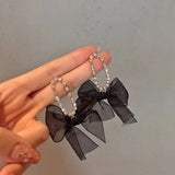 Xpoko Korean Dangle Drop Earrings Black Tulle Yarn Rhinestone Bow Knot Kawaii Fashion Jewelry for Women Fall Winter