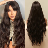 Xpoko Dark Brown Long Water Wave Synthetic Hair Wigs for Black Women Cosplay Party Wigs with Bangs High Temperature Fiber