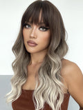 Xpoko ALAN EATON Long Wave Synthetic Wigs with Bangs Omber Ash Brown Blonde Wigs for Women Cosplay Party Daily Heat Resistant Fiber
