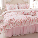 Xpoko 100% Cotton Floral Printed Princess Bedding Set Twin King Queen Size Pink Girls Lace Ruffle Duvet Cover Bedspread Bed Skirt Set