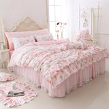 Xpoko 100% Cotton Floral Printed Princess Bedding Set Twin King Queen Size Pink Girls Lace Ruffle Duvet Cover Bedspread Bed Skirt Set