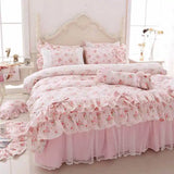 Xpoko 100% Cotton Floral Printed Princess Bedding Set Twin King Queen Size Pink Girls Lace Ruffle Duvet Cover Bedspread Bed Skirt Set