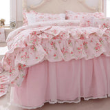 Xpoko 100% Cotton Floral Printed Princess Bedding Set Twin King Queen Size Pink Girls Lace Ruffle Duvet Cover Bedspread Bed Skirt Set