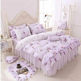 Xpoko 100% Cotton Floral Printed Princess Bedding Set Twin King Queen Size Pink Girls Lace Ruffle Duvet Cover Bedspread Bed Skirt Set