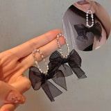 Xpoko Korean Dangle Drop Earrings Black Tulle Yarn Rhinestone Bow Knot Kawaii Fashion Jewelry for Women Fall Winter