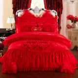 Xpoko 4/6/8pcs Red Pink Lace Princess Bedding Set Luxury Girls Wedding Bed Set Quilt Cover Bed Sheets Queen King Size 2018 New Design