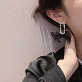 Xpoko Korean Dangle Drop Earrings Black Tulle Yarn Rhinestone Bow Knot Kawaii Fashion Jewelry for Women Fall Winter