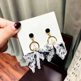 Xpoko Korean Dangle Drop Earrings Black Tulle Yarn Rhinestone Bow Knot Kawaii Fashion Jewelry for Women Fall Winter