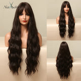 Xpoko Dark Brown Long Water Wave Synthetic Hair Wigs for Black Women Cosplay Party Wigs with Bangs High Temperature Fiber