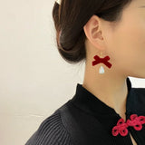 Xpoko Christmas Gifts Christmas Red Bow Drop Earring For Women Temperament Heart Flocking Bowknot Christmas Earring Girls New Year Festival Jewelry