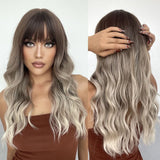 Xpoko ALAN EATON Long Wave Synthetic Wigs with Bangs Omber Ash Brown Blonde Wigs for Women Cosplay Party Daily Heat Resistant Fiber