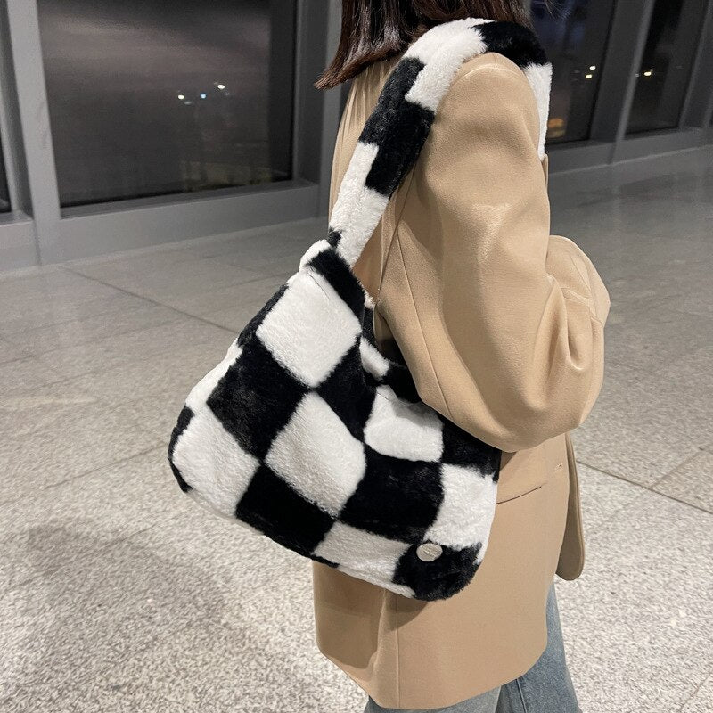 Xpoko Plush Women's Bag Large Capacity Travel Female Designer Handbags Winter Warm Cute Soft Tote Shoulder Shopper Bags For Women
