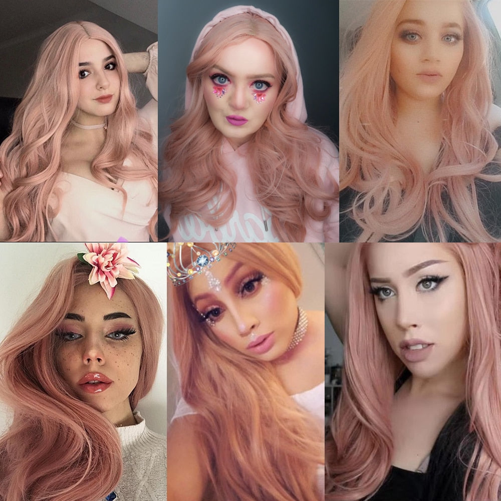 Xpoko Long Wave Pink Synthetic Hair Wigs Middle Part Natural Wavy Heat Resistant Wigs for Afro Women Cosplay Party Fashion Wigs