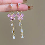 Xpoko Pink Butterfly Tassel Dangle Earrings with Zirconia for Women and Girls - Delicate Flower Pendientes Jewelry