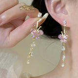 Xpoko Pink Butterfly Tassel Dangle Earrings with Zirconia for Women and Girls - Delicate Flower Pendientes Jewelry