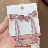 Xpoko Korean Luxury Elegant Pink Crystal Bowknot Drop Earrings for Women and Girls Fashion Rhinestone Long Jewelry