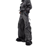 2000s fashion Niche Retro Distressed Denim Suit Jacket Coat Waste Soil Zipper Large Pocket Denim Overalls Fried Street