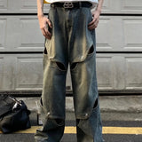 2000s fashion High Street Niche Deconstructed Jeans Men's American Wide-Leg Pants High-Grade Mop Pants