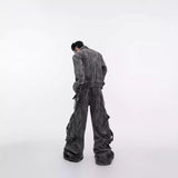 2000s fashion Niche Retro Distressed Denim Suit Jacket Coat Waste Soil Zipper Large Pocket Denim Overalls Fried Street