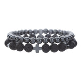 Xpoko Men's Beaded Suit Map Stone Haematite Cross Bracelets