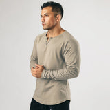 men winter outfits Retro Henley Shirt Long-Sleeved T-shirt Solid Color Sports Fitness Bottoming Shirt Men's Cotton Stretch Thin V-neck Cardigan