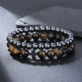 Xpoko Men's Beaded Suit Map Stone Haematite Cross Bracelets