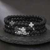 Xpoko Men's Beaded Suit Map Stone Haematite Cross Bracelets