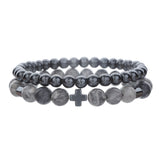 Xpoko Men's Beaded Suit Map Stone Haematite Cross Bracelets