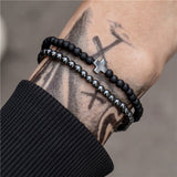 Xpoko Men's Beaded Suit Map Stone Haematite Cross Bracelets