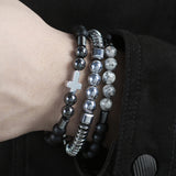 Xpoko Men's Beaded Suit Map Stone Haematite Cross Bracelets