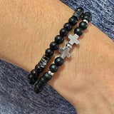 Xpoko Men's Beaded Suit Map Stone Haematite Cross Bracelets