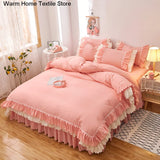 Xpoko Pink Lace Ruffle Bedding Set Luxury Bed Skirt Sheet Bedspread Korean Duvet Cover Girls Princess Bedspread Pillowcases