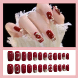 Xpoko 24pcs/Set Gorgeous Wine Red False Nails With Glue Middle Long Round Head Full Nail Tips Finished Fake Nail artificial nails