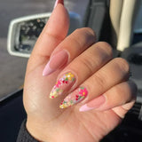 Xpoko 24Pcs Short Round Head Almond Fake Nails with Flowers Grass Pattern Wearable False Nails Tips Summer Full Cover Press on Nails