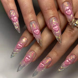 Xpoko 24pcs almond stiletto glitter Pink french press on acrylic nails with 3D Love design ballet long false nail Full Cover Nail Tips