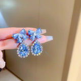 Xpoko Lizakosht Minar Luxury Blue Crystal Rhinestones Bowknot Water Drop Dangle Earrings for Women Bridal Jewelry