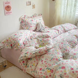 Xpoko Cute Floral Duvet Cover Set Ins Korean Style with Flat Sheet Pillowcase No filler Washed Cotton Queen Full Twin Home Bed Linen