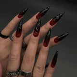 Xpoko 24pcs Halloween Fake Nails Black Red Gradient False Nails Dark Halo Wave Artificial Nails Wearable Long Stiletto Nail with Glue