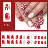 Xpoko 24pcs Christmas Press-On Nails Set - Glossy Red & White Striped Short Square Ballet Fake Nails with Snowflake Design for Women