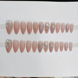 Xpoko 24pcs Beige Crystal Fake Nail Patch Cat Eye Aurora False Nails Fashion Cateye Short Press on Nail Tips Wearable Full Cover