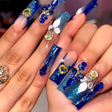 Xpoko 24Pcs Long Blue Mermaid False Nails With 3D Charm Rhinestone Design Full Over Coffin Nails Press on French Tips Fake Nails Art