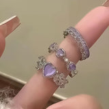 Xpoko 3 Pcs/set Love Heart Rings For Women Girls Light Luxury Rhinestone Opening Ring Sweet Finger Ring Wedding Party Accessories